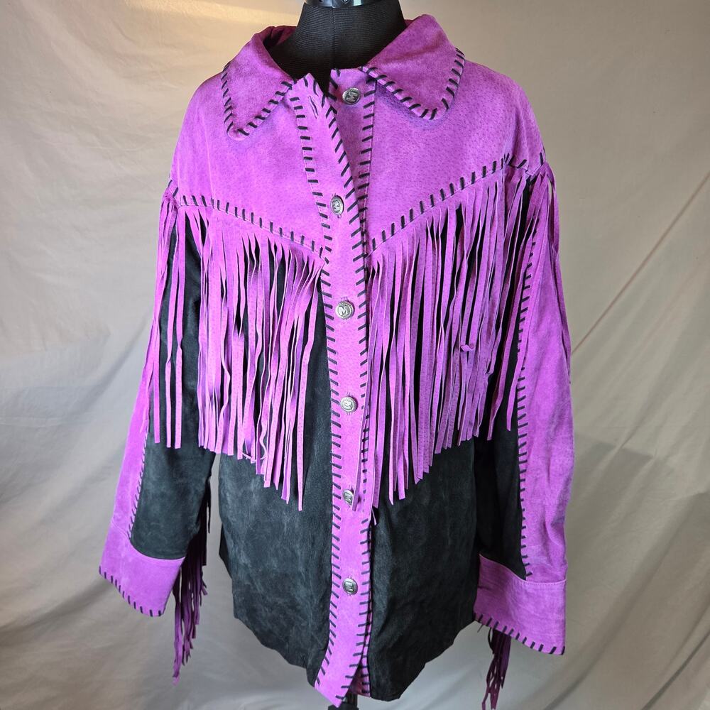 Bob Mackie Wearable Art 2X Leather Fringe Western Jacket Purple Black